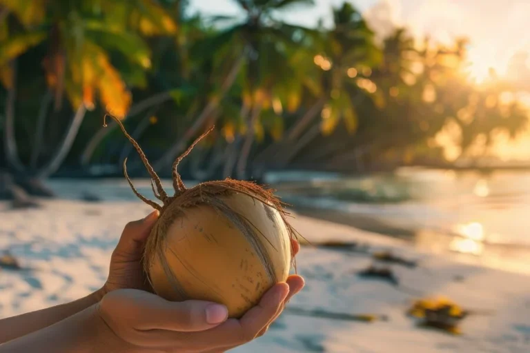 kelapa yang sedang dibawa oleh tangan, menunjukan kelapa meningkatkan ekonomi setempat krena bisa diolah menjadi briket arang